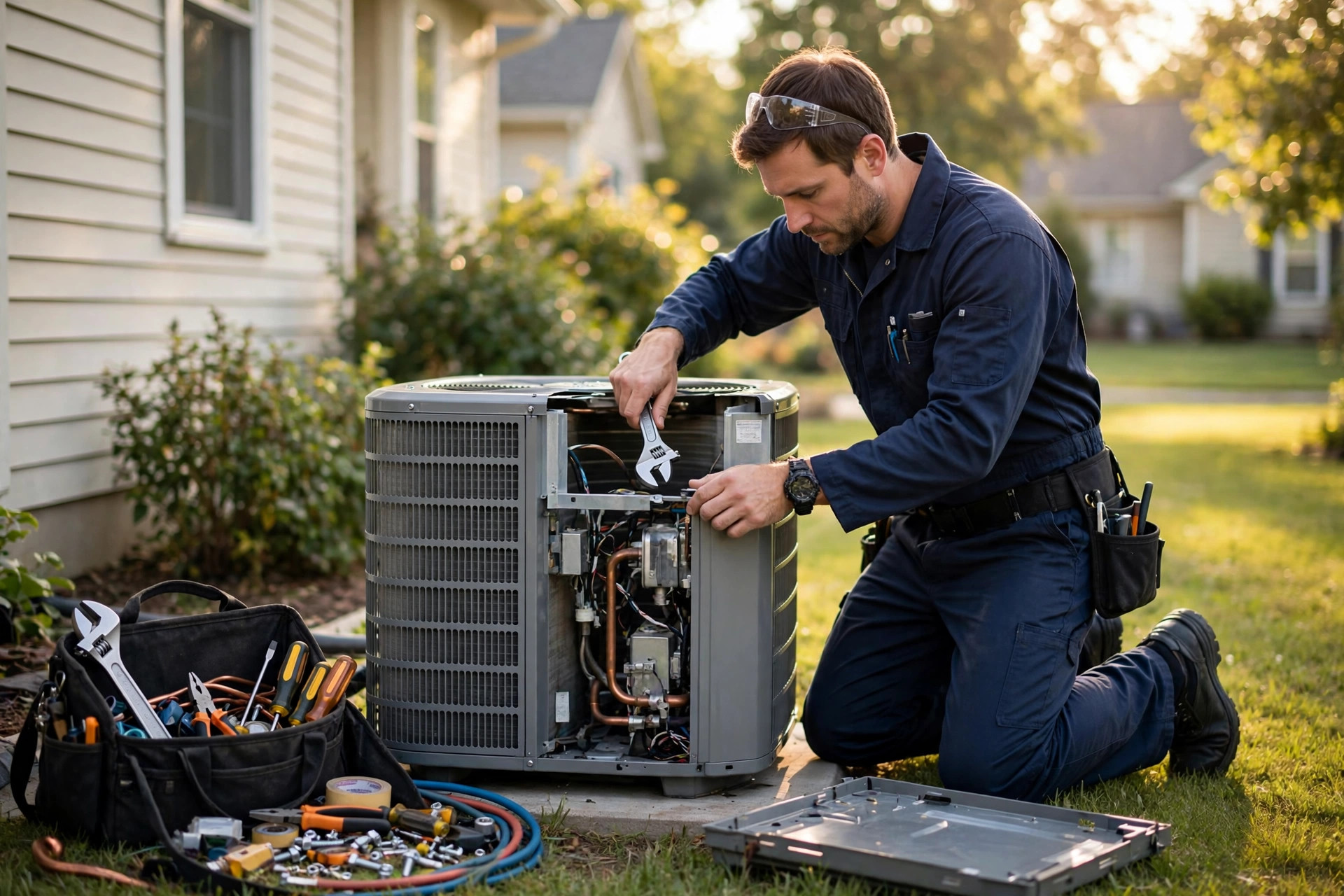 HVAC technician servicing an air conditioning unit at a customer's home
