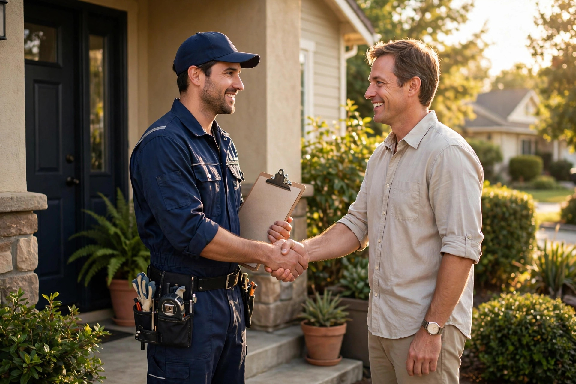 Contractor shaking hands with a happy homeowner after booking the job