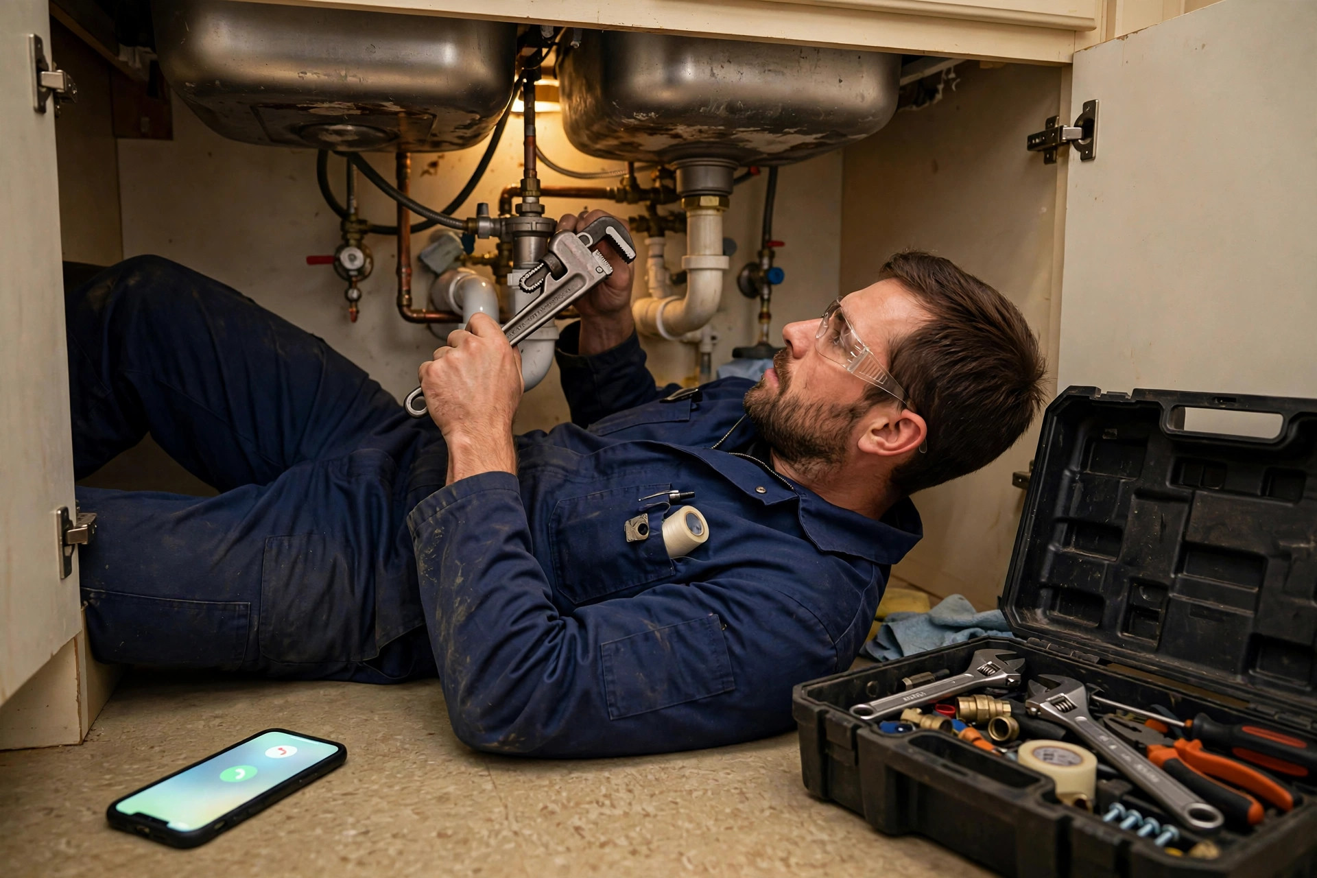 Plumber under a sink missing an incoming call